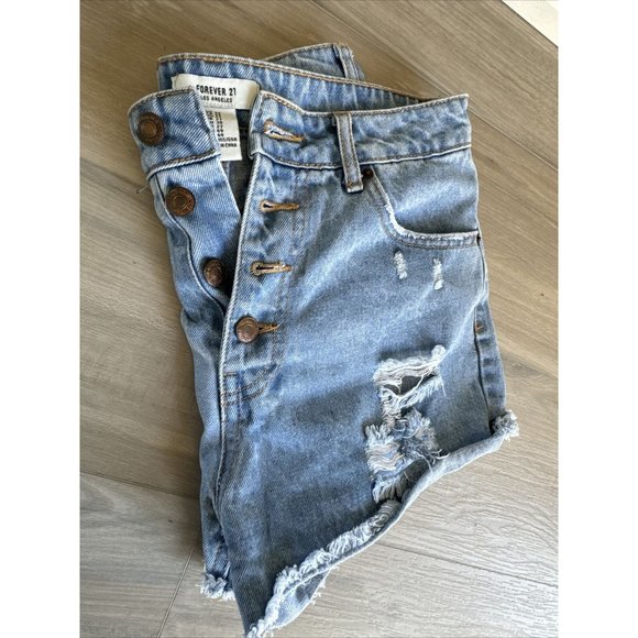 Forever 21 Blue Denim Ripped Cutoff Jean Shorts Size 27 (4) With Buttons - Picture 6 of 6